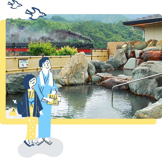 Enjoy Outdoor Baths at Kawane Hot Springs Watch the steam locomotive while relaxing in a natural hot spring
